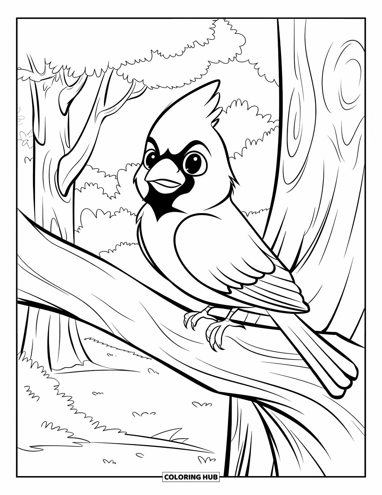Cardinal Coloring Page for Kids: Cardinal on a sturdy branch in a quiet forest
