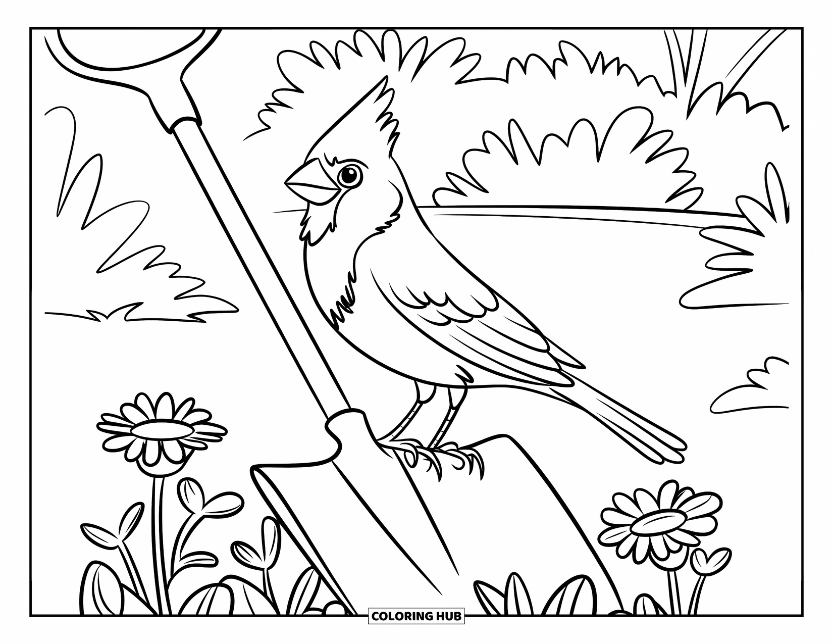 Cardinal Coloring Page for Kids: Cardinal perched on a garden shovel surrounded by flowers