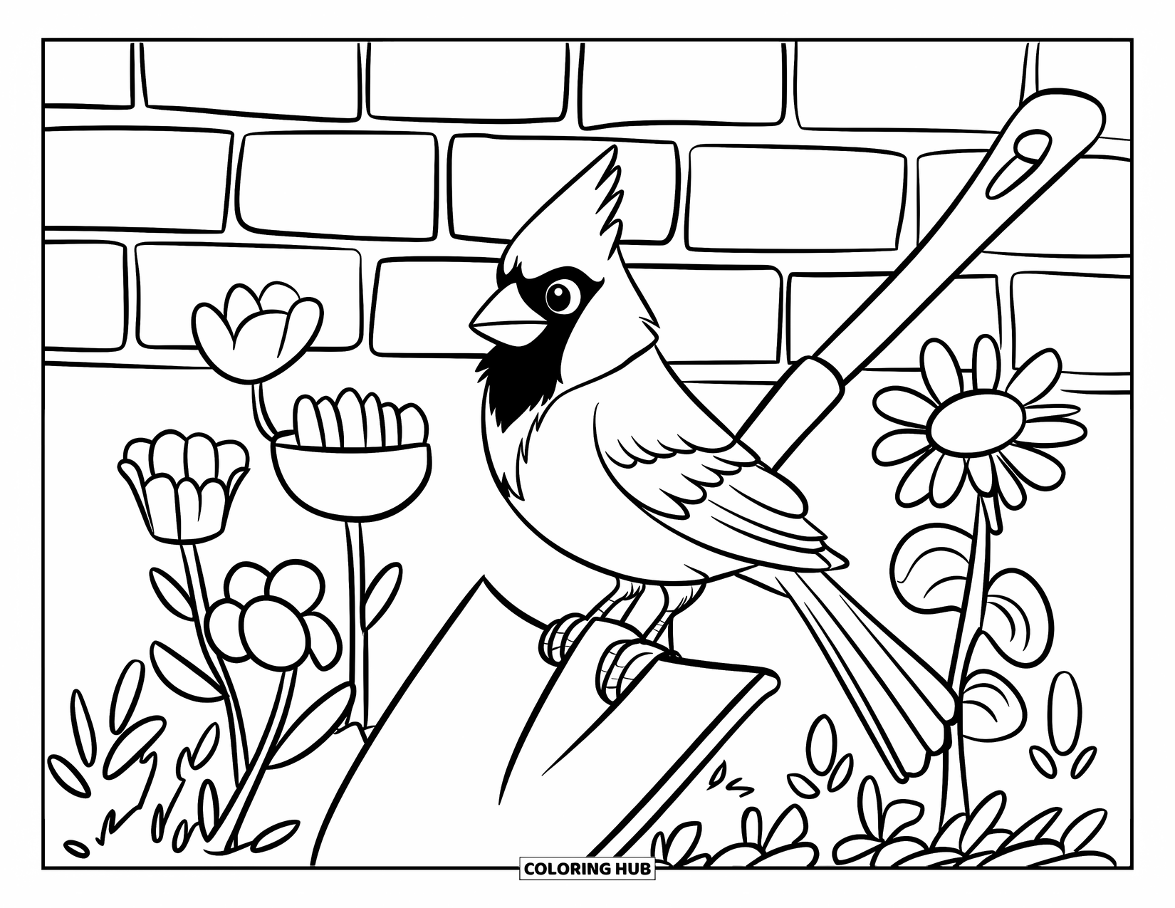 Cardinal Coloring Page for Kids: Cardinal perched on a shovel leaning beside a brick wall