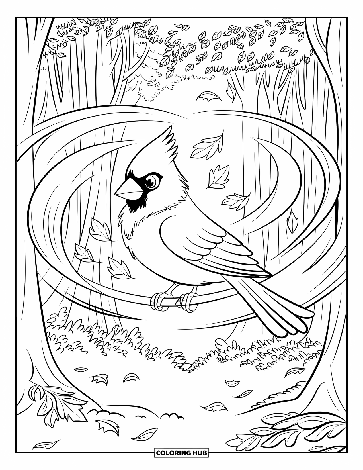 Cardinal Coloring Page for Kids: Cardinal perches in a forest with swirling wind and fallen leaves
