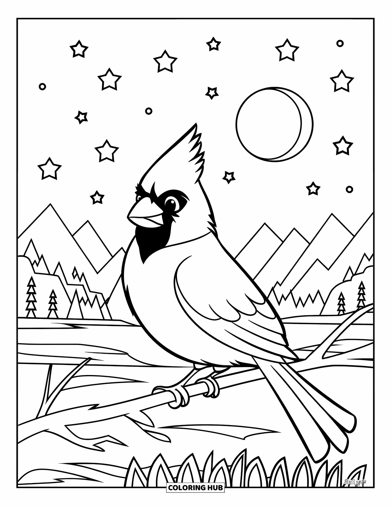 Cardinal Coloring Page for Kids: Cardinal perches quietly under a starry sky and full moon
