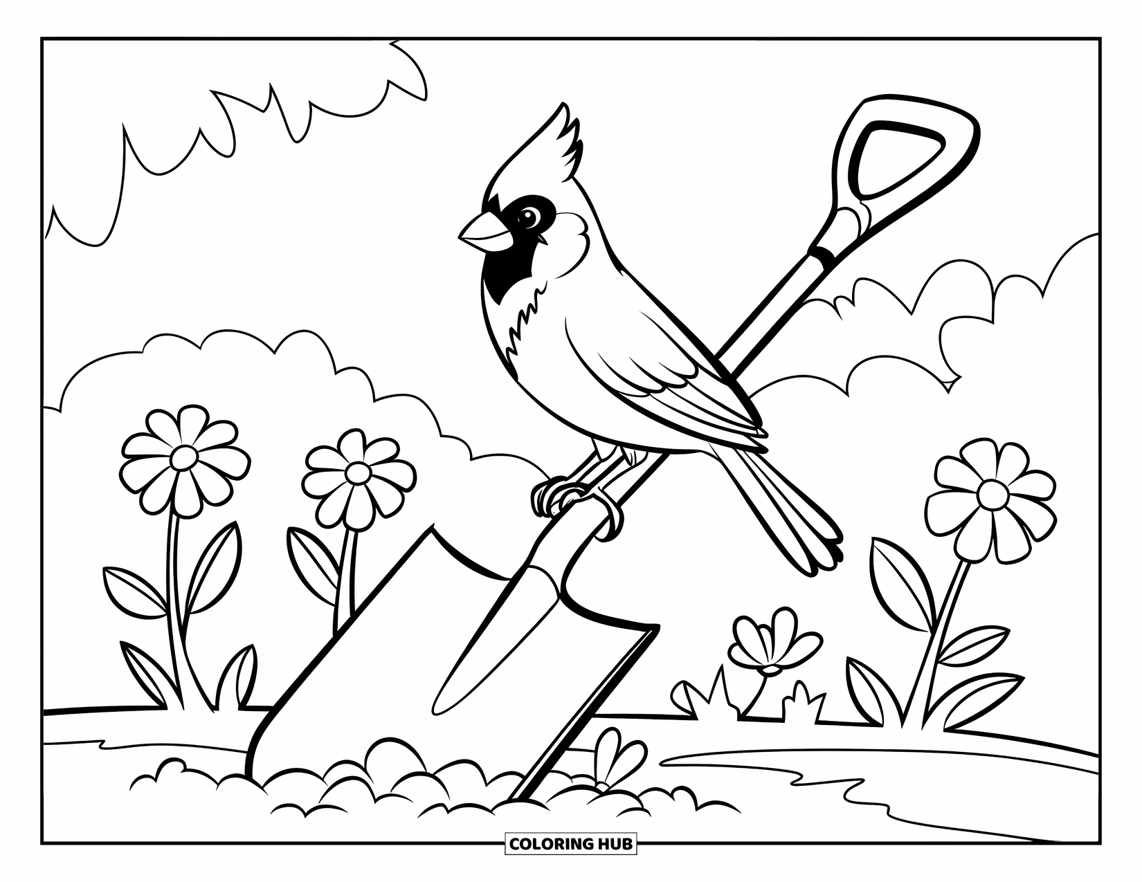 Cardinal Coloring Page for Kids: Cardinal rests on a shovel buried among garden blooms
