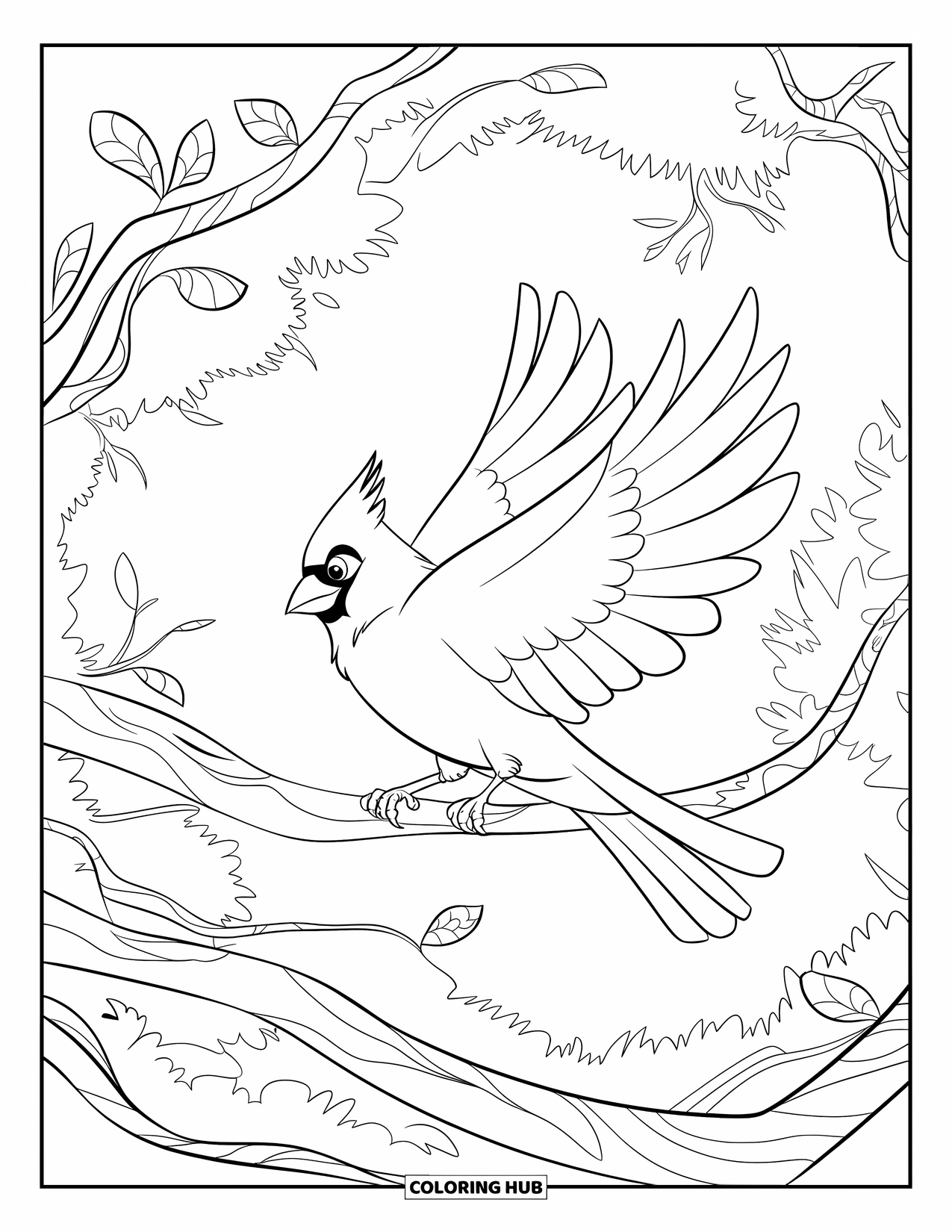 Cardinal Coloring Page for Kids: Cardinal rests on a twisting branch surrounded by leafy trees