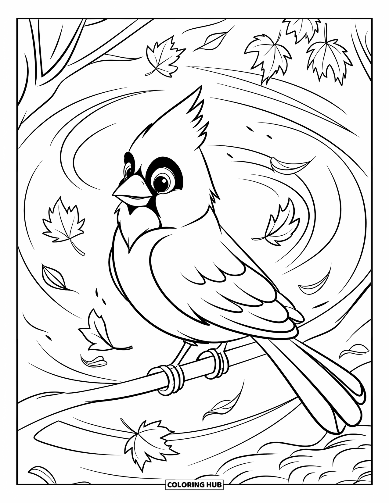 Cardinal Coloring Page for Kids: Cardinal sits among swirling wind and falling leaves