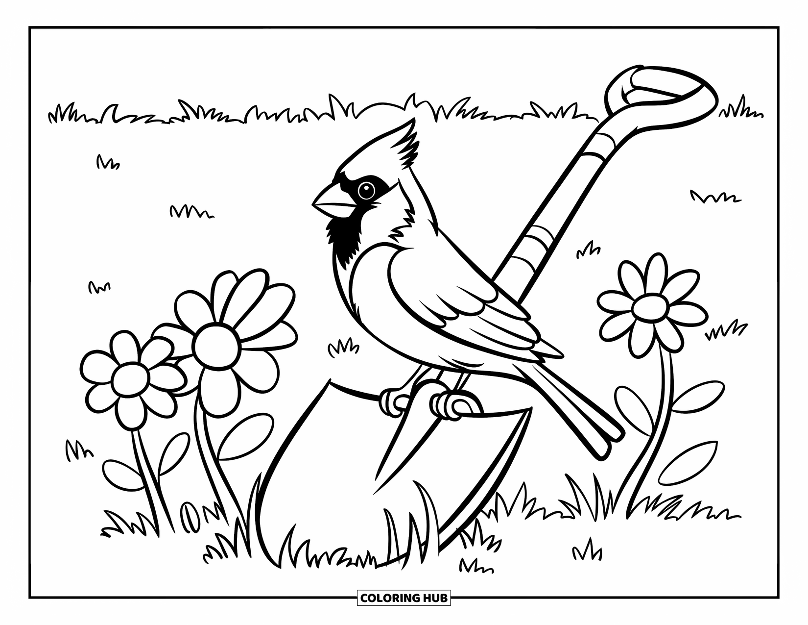Cardinal Coloring Page for Kids: Cardinal sits on a shovel in a flowery garden