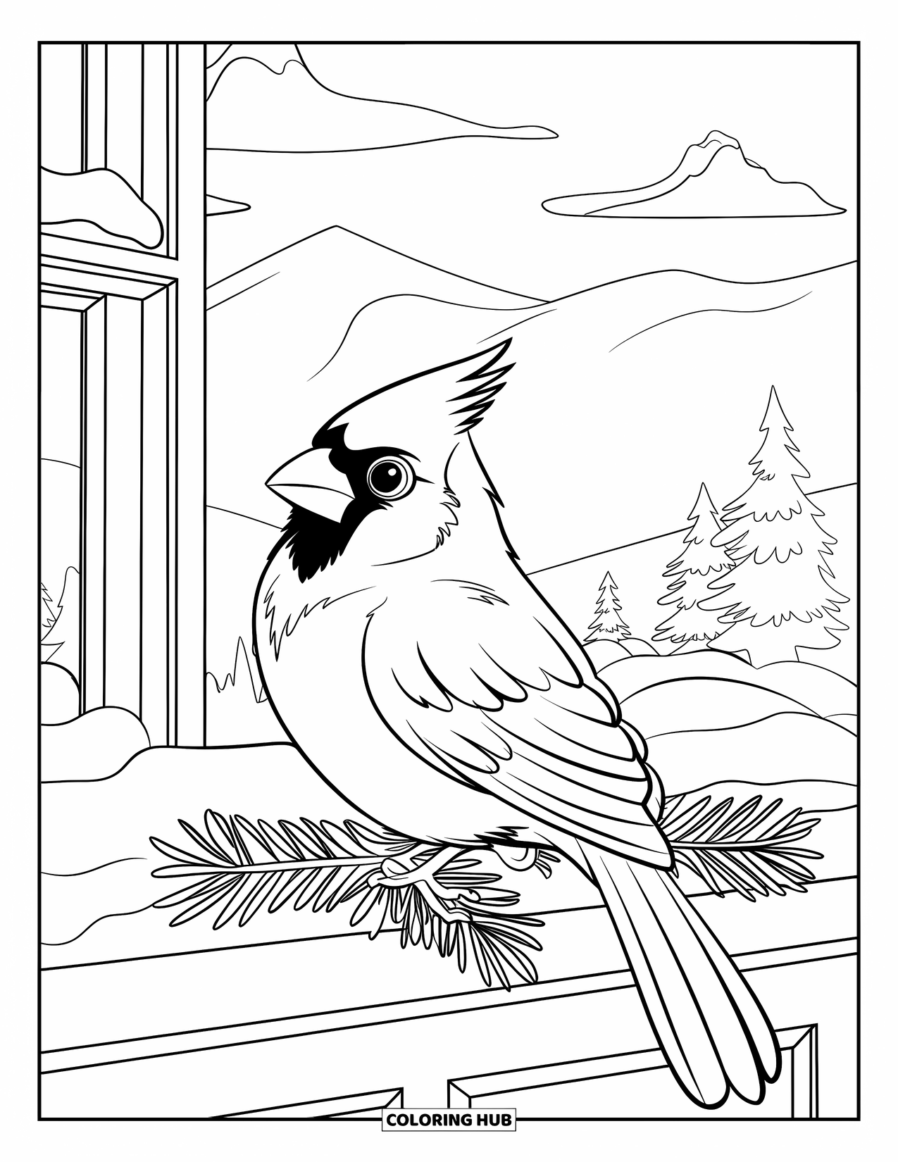 Cardinal Coloring Page for Kids: Cardinal sits on a snowy window sill with pine branches
