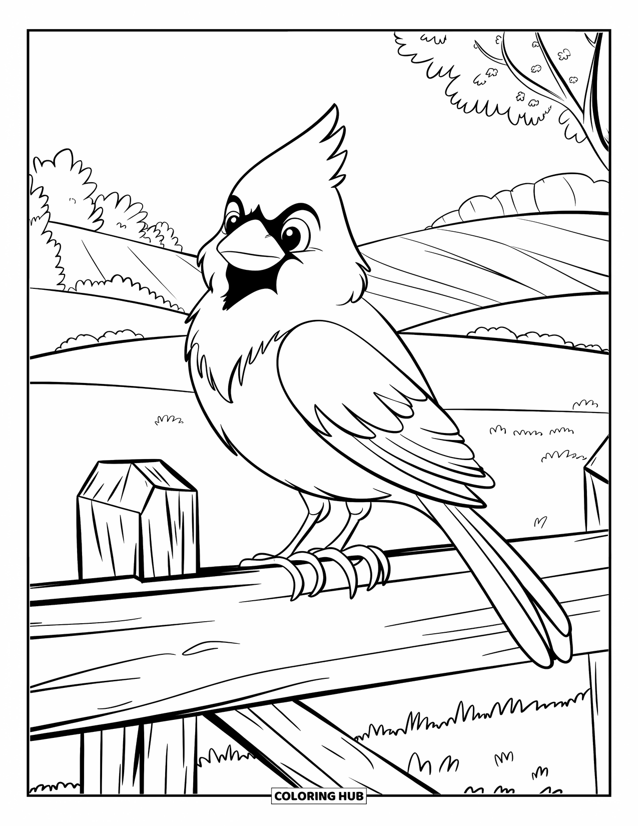 Cardinal Coloring Page for Kids: Cardinal sits on a weathered fence in a calm, hilly landscape
