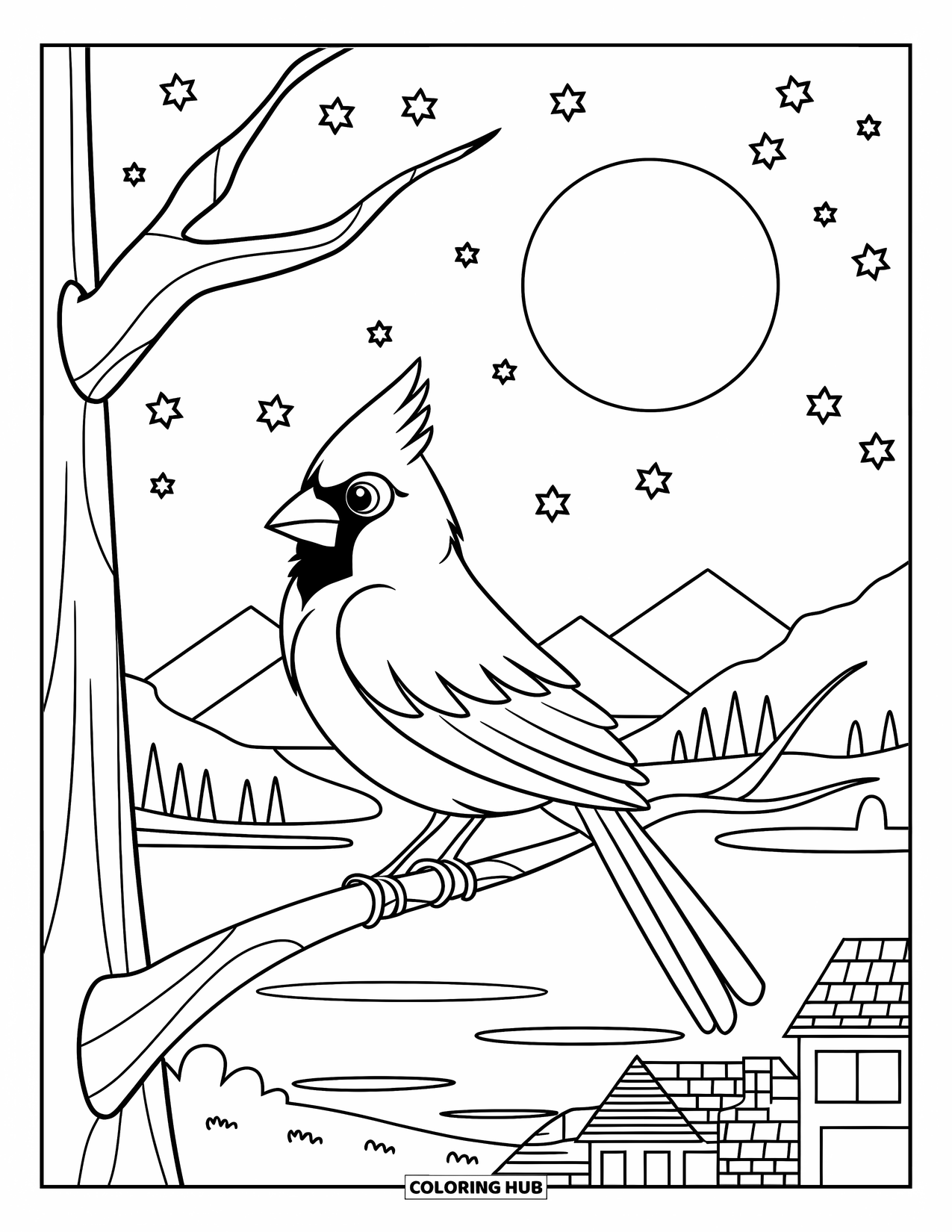 Cardinal Coloring Page for Kids: Cardinal sits under a bright full moon near peaceful hills