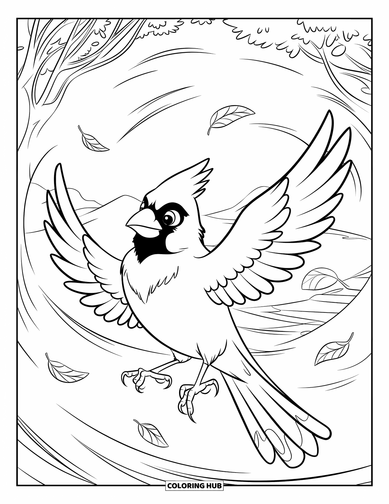 Cardinal Coloring Page for Kids: Cardinal spreads its wings among leaves and mountain breeze