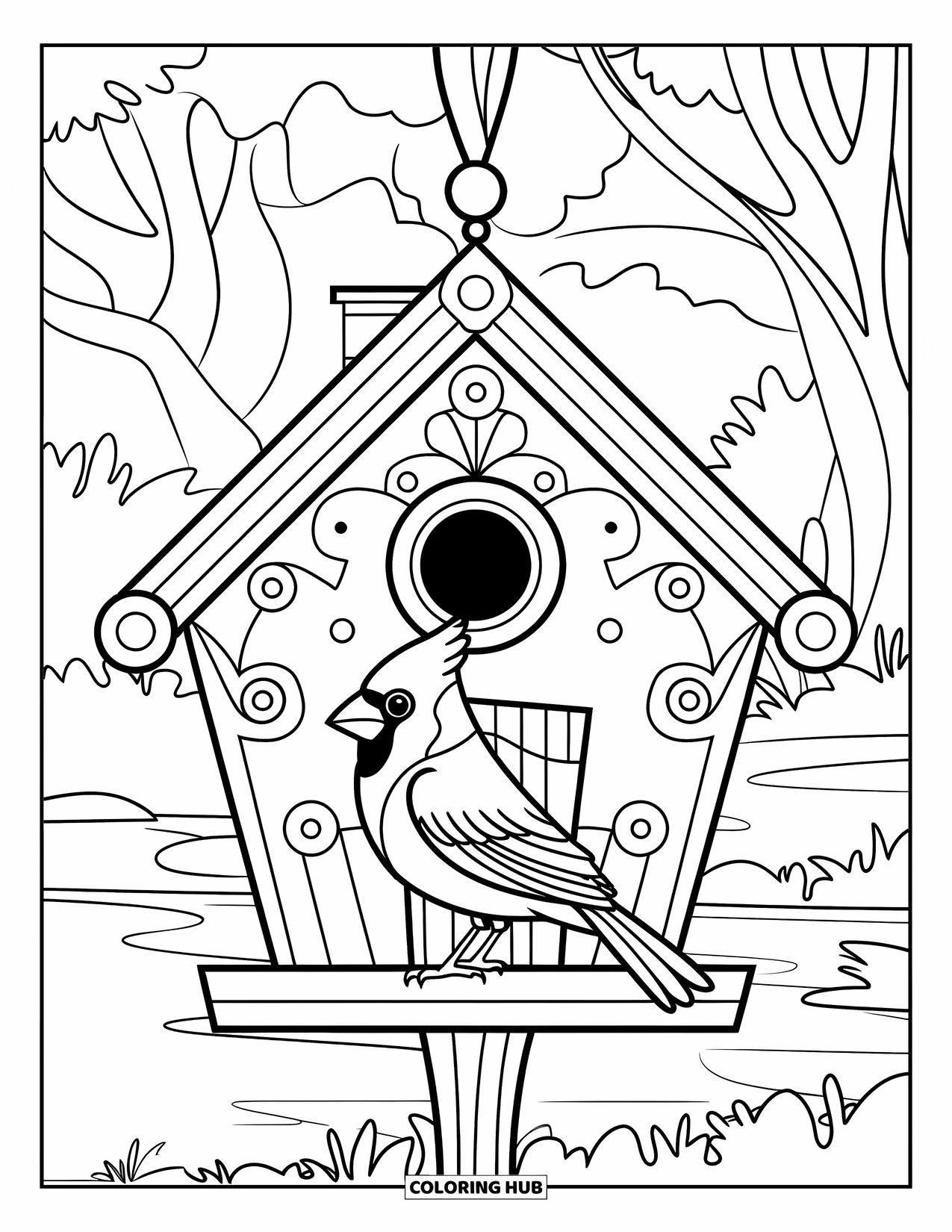 Cardinal Coloring Page for Kids: Cardinal stands in front of a decorated birdhouse near trees