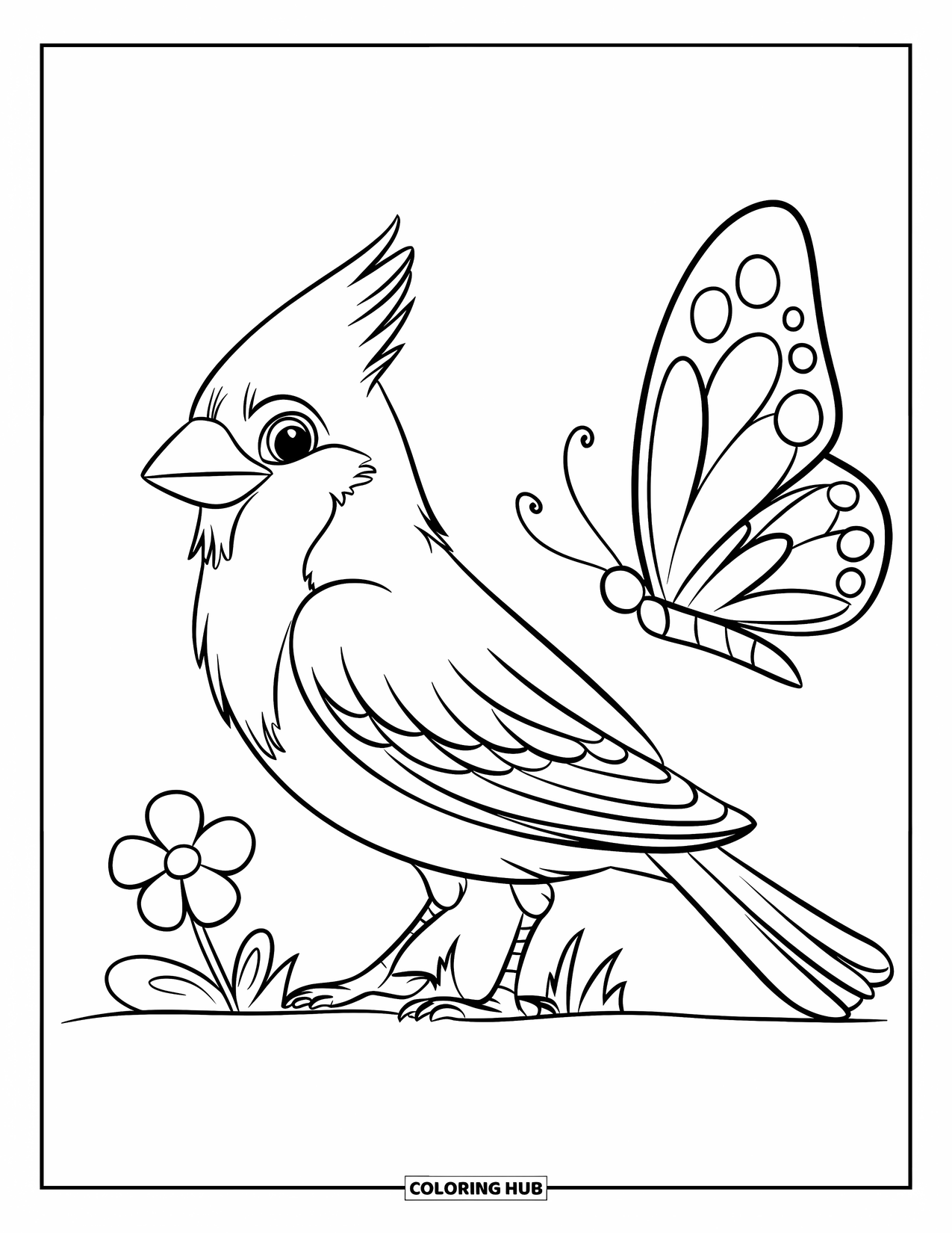 Cardinal Coloring Page for Kids: Cardinal stands next to a flower and butterfly on white background