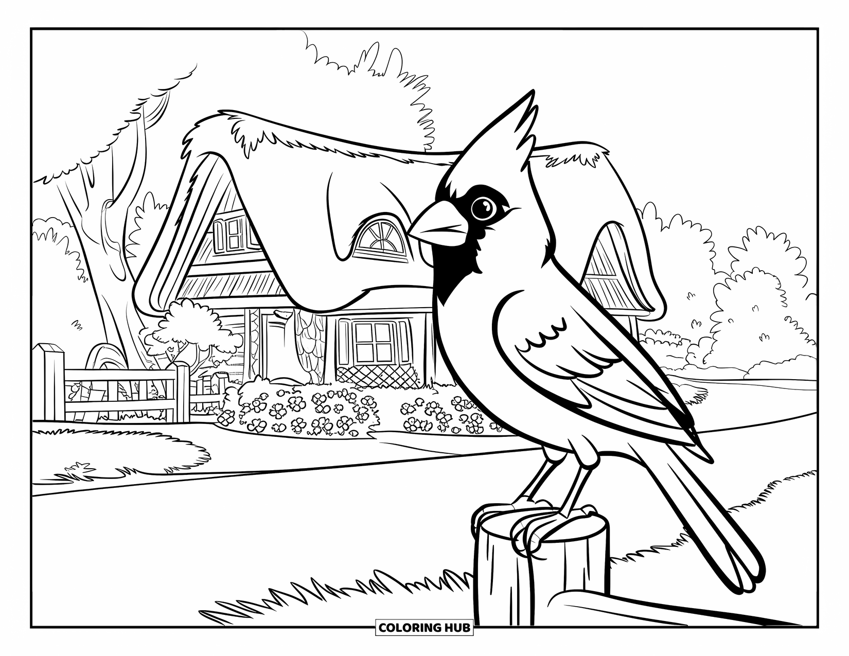 Cardinal Coloring Page for Kids: Cardinal stands on a post near a cottage and flower-filled garden