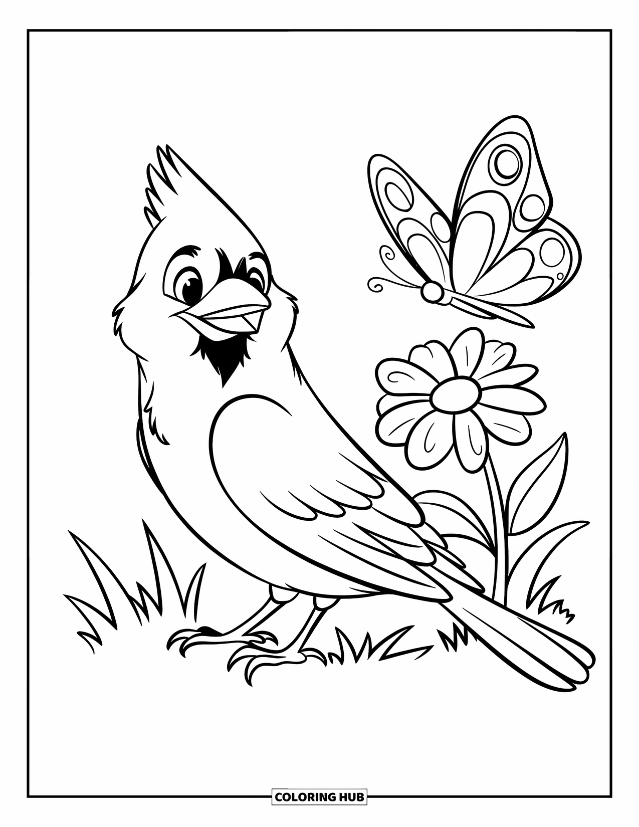 Cardinal Coloring Page for Kids: Cardinal with a butterfly and flower in a sunny grassy area