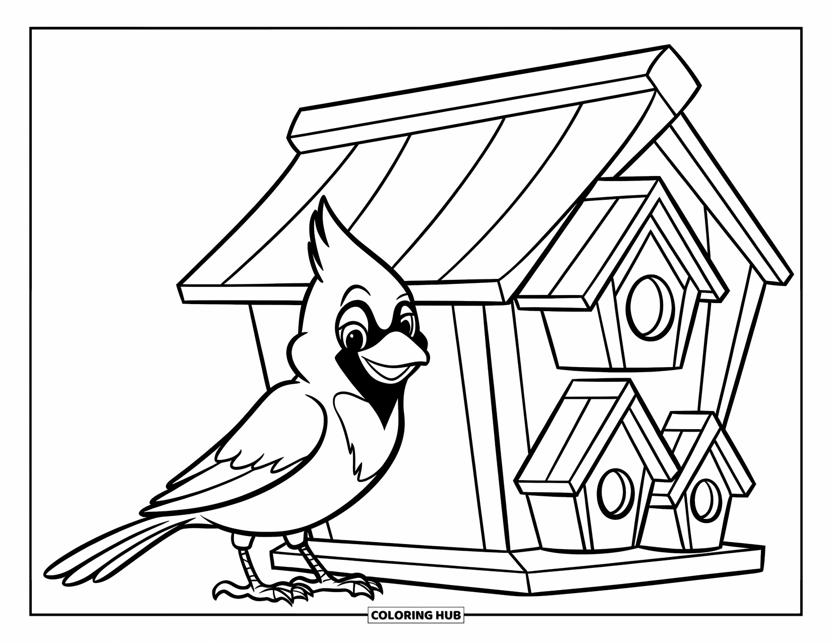Cardinal Coloring Page for Kids: Cardinal with bold feathers stands next to a tall, detailed birdhouse