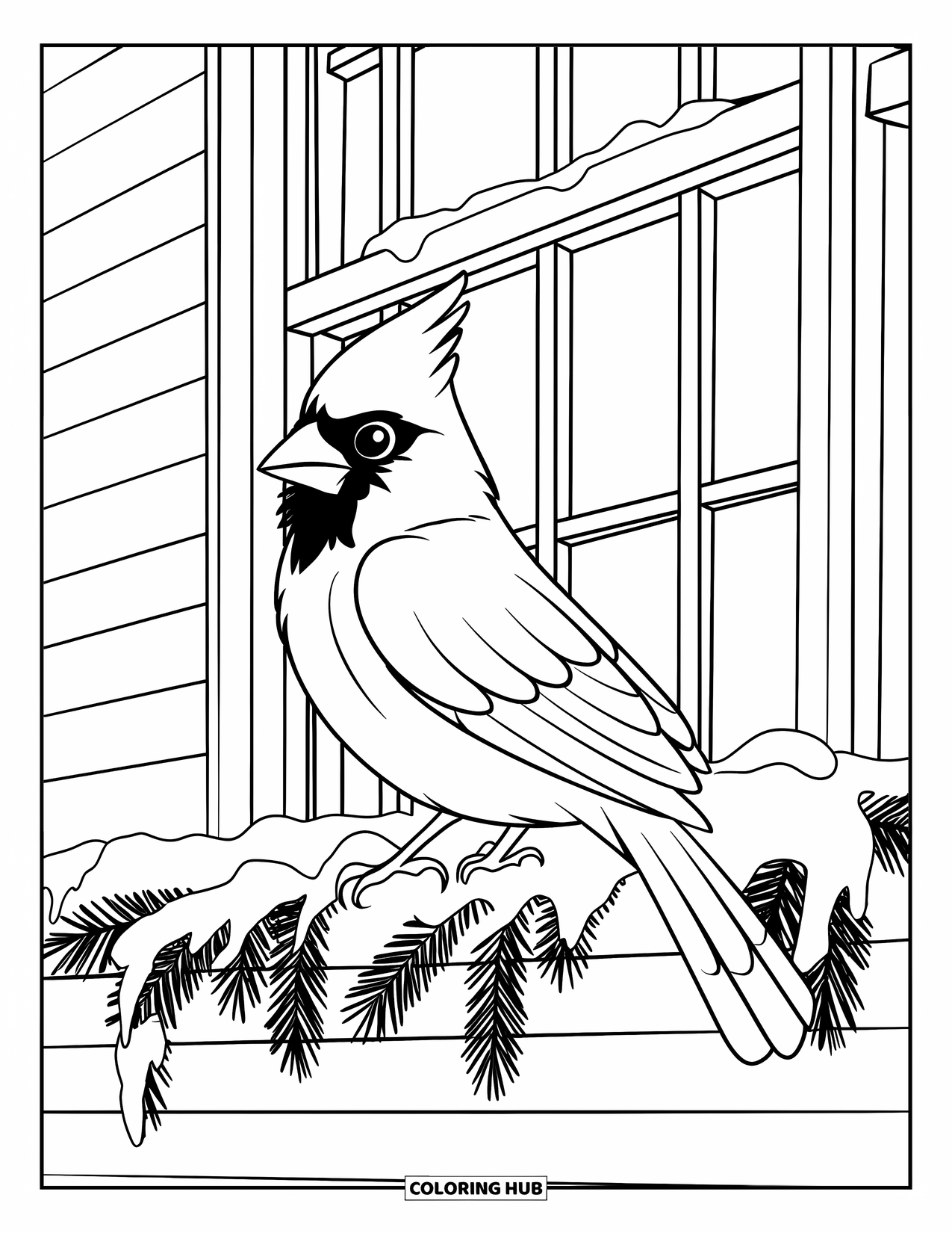 Cardinal Coloring Page for Kids: Cardinal with white wings rests on a snowy window ledge