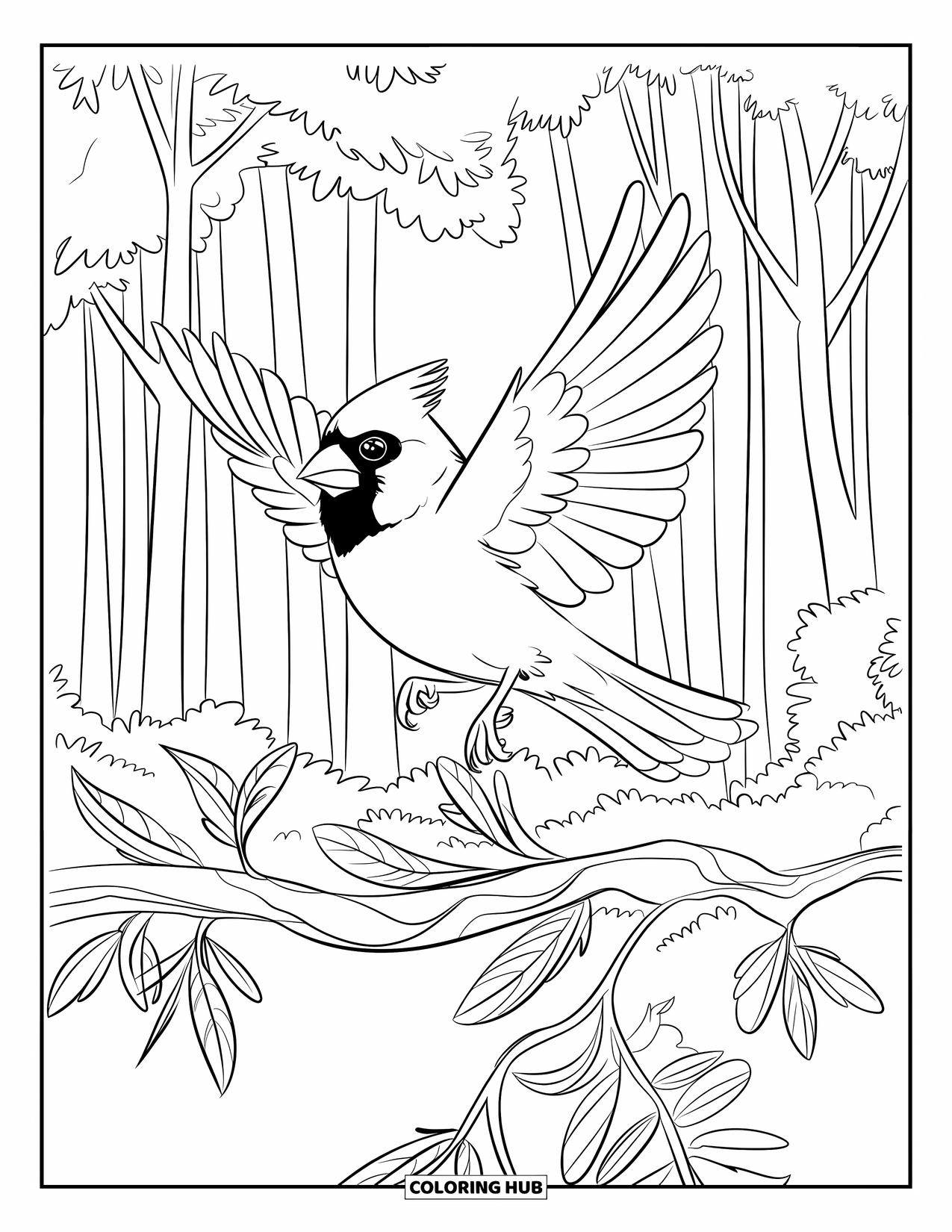 Cardinal Coloring Page for Kids: Cardinal with wings open lands on a leafy forest branch