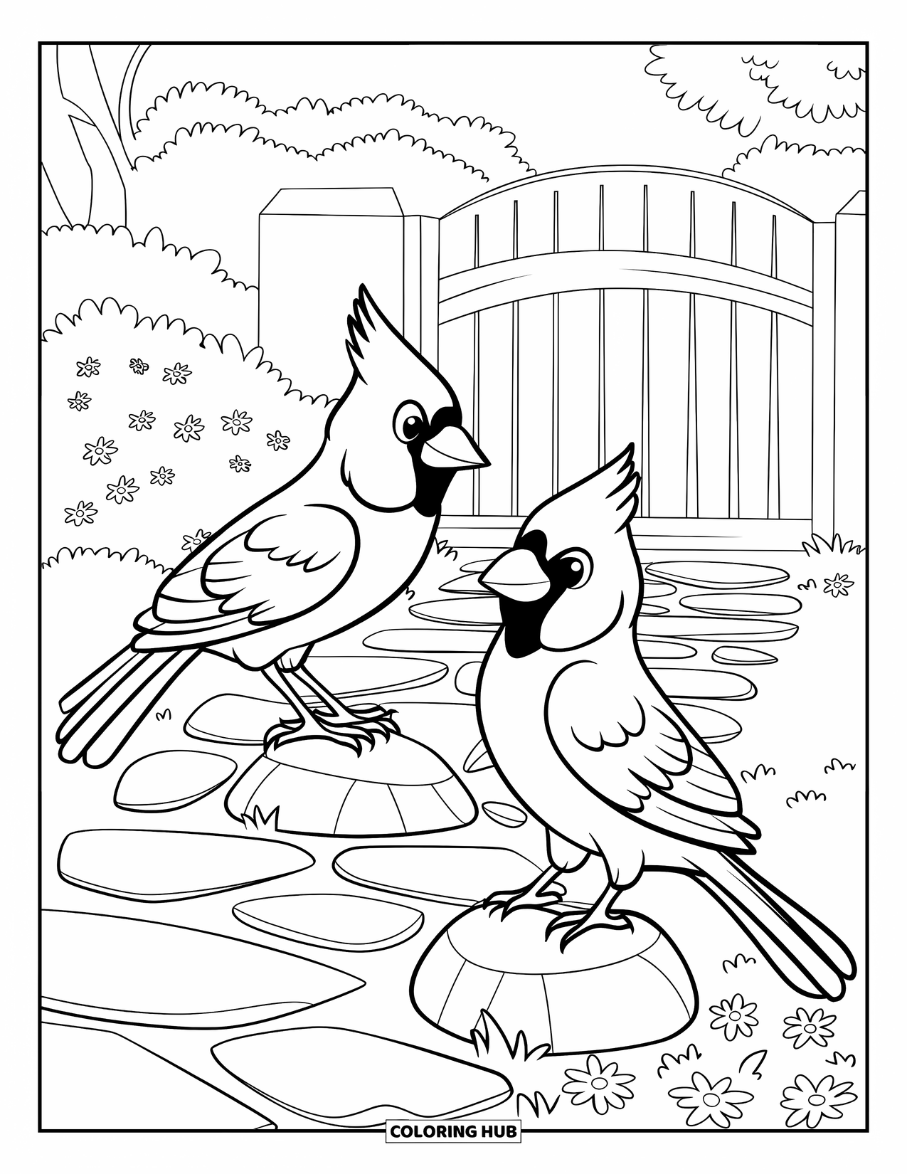 Cardinal Coloring Page for Kids: Cardinals play near a garden gate surrounded by blooming plants