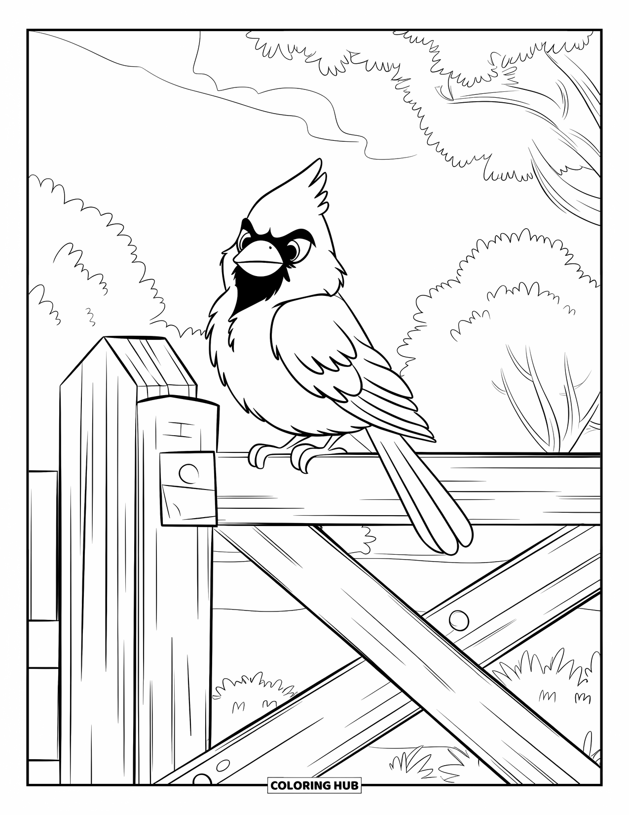 Cardinal Coloring Page for Kids: Fluffy cardinal on a painted fence near trees and a wooden gate