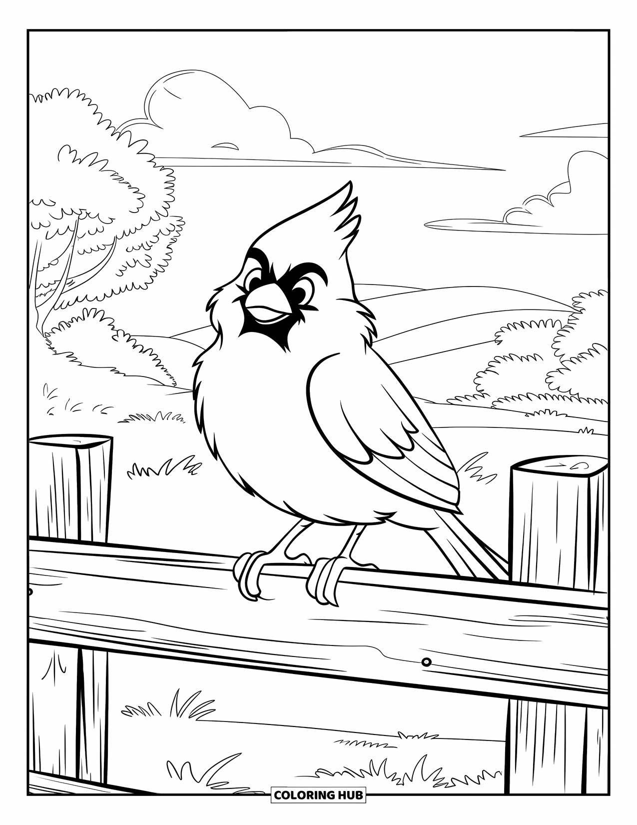 Cardinal Coloring Page for Kids: Fluffy cardinal perched on a wooden fence near hills and trees