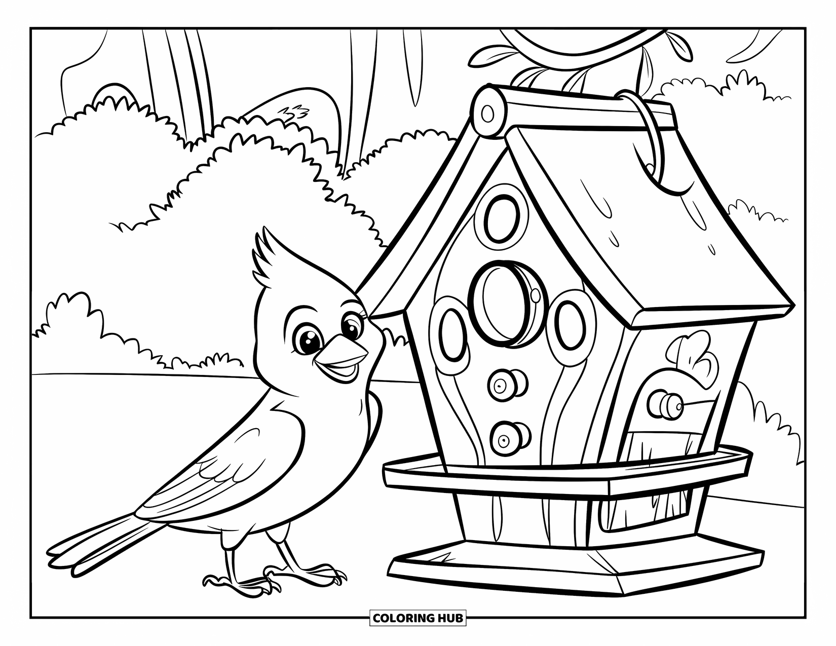 Cardinal Coloring Page for Kids: Happy cardinal beside a colorful birdhouse in a green forest