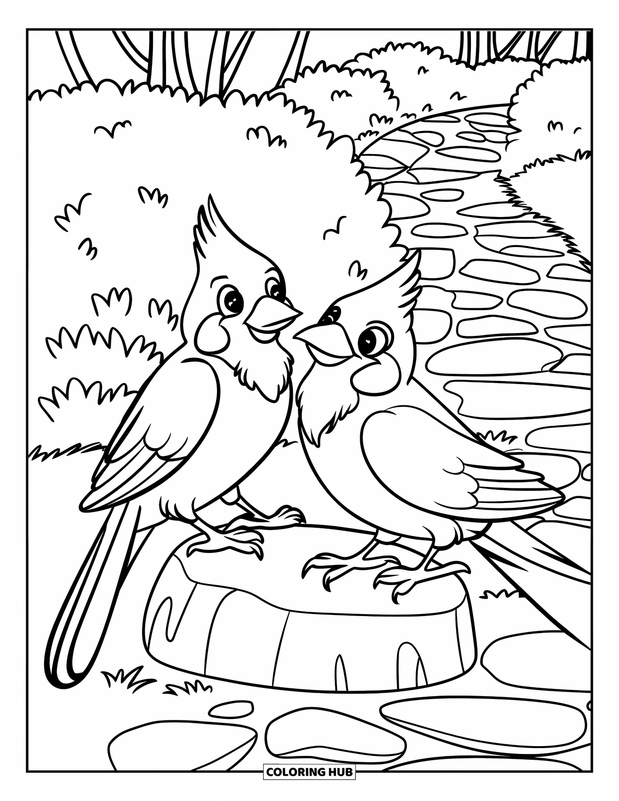 Cardinal Coloring Page for Kids: Two cardinals play beside a stone garden path and trees