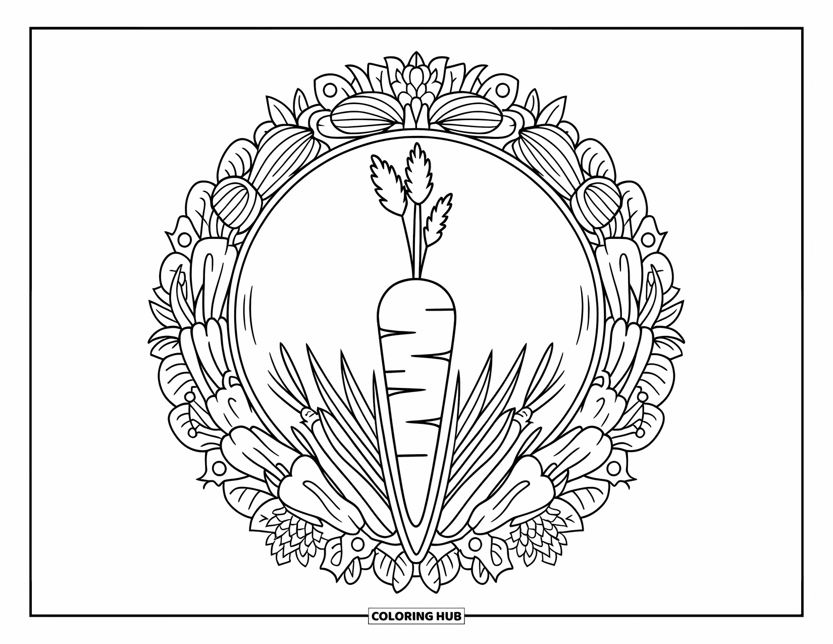 Carrot Coloring Page for Adults: A bold carrot grows from a leafy mandala filled with garden veggies