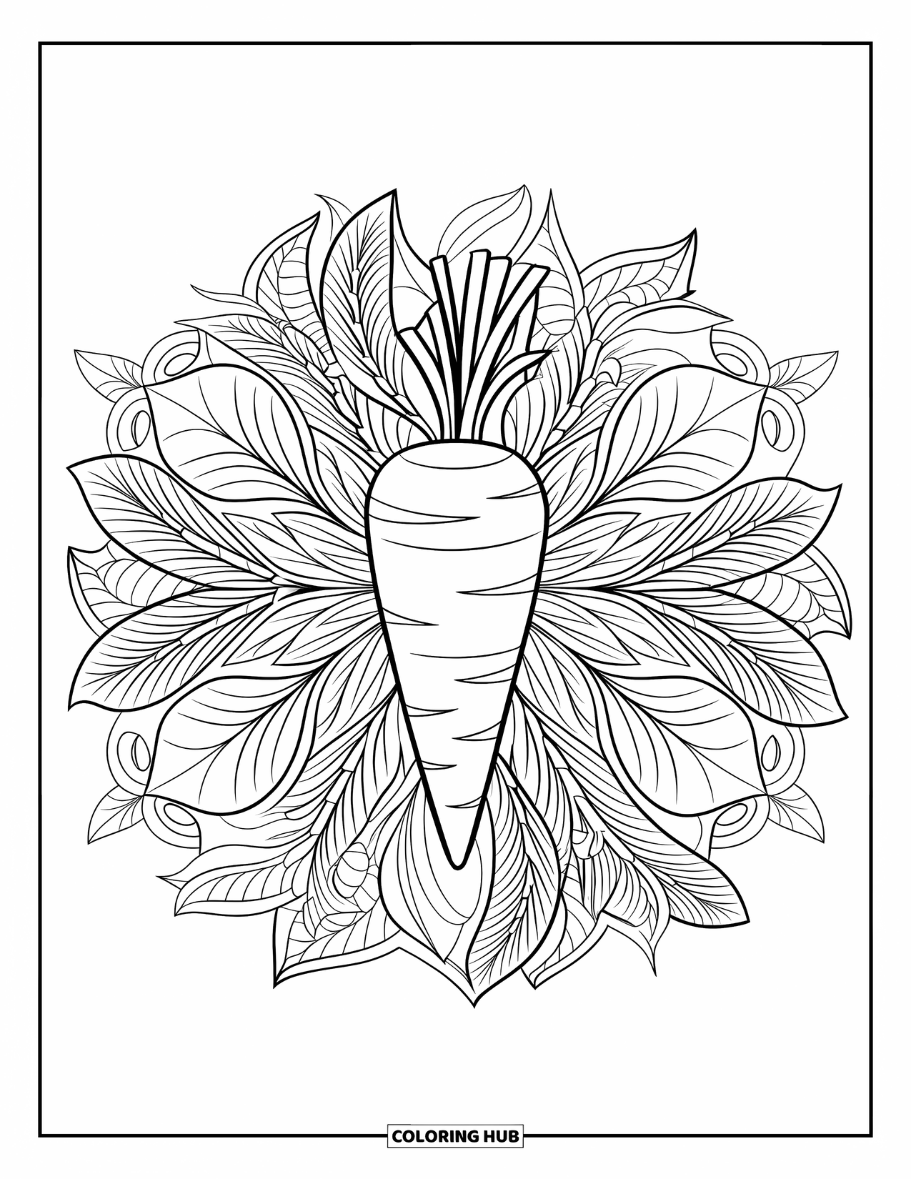 Carrot Coloring Page for Adults: A botanical mandala features a carrot surrounded by leafy patterns