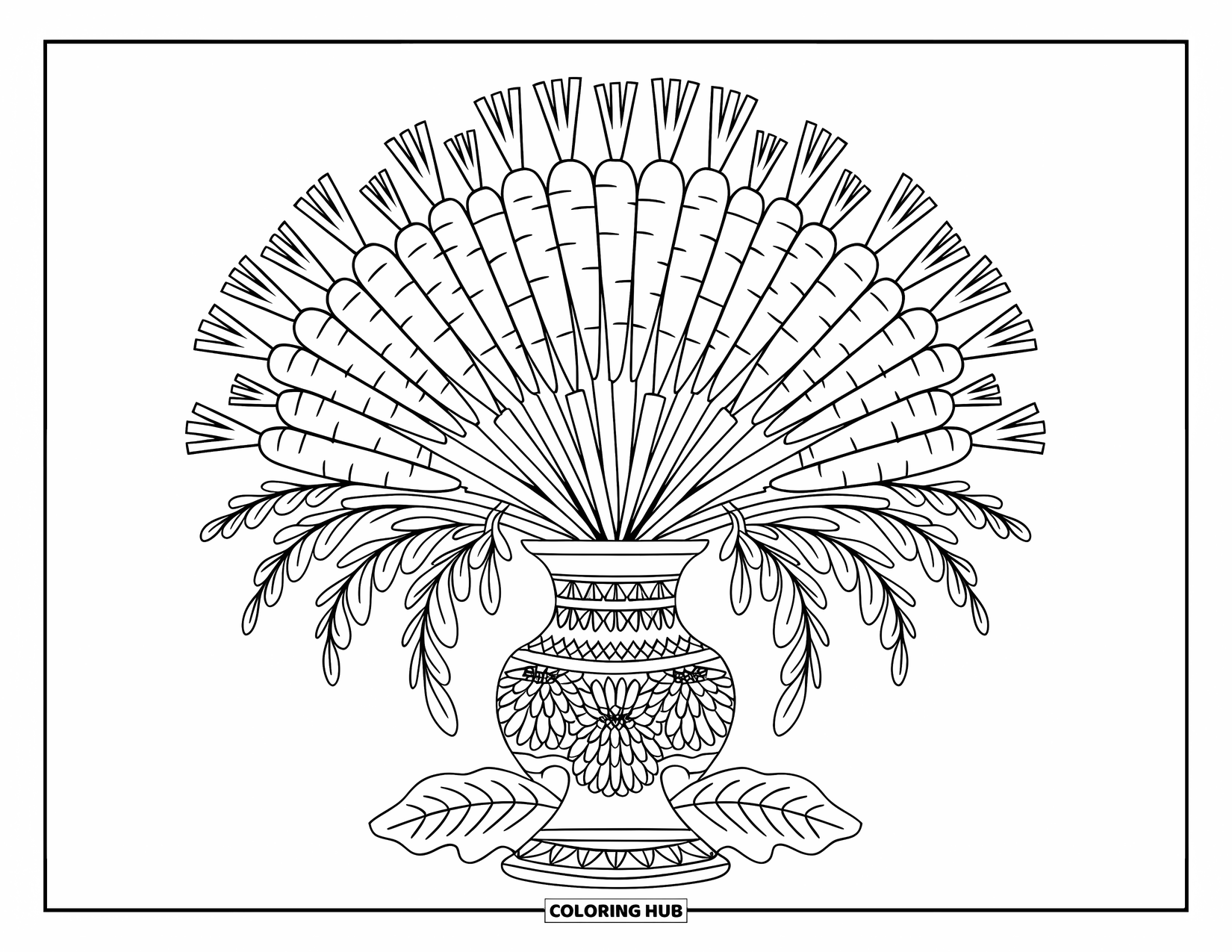 Carrot Coloring Page for Adults: A carrot bouquet stands in a floral vase placed on a wooden base