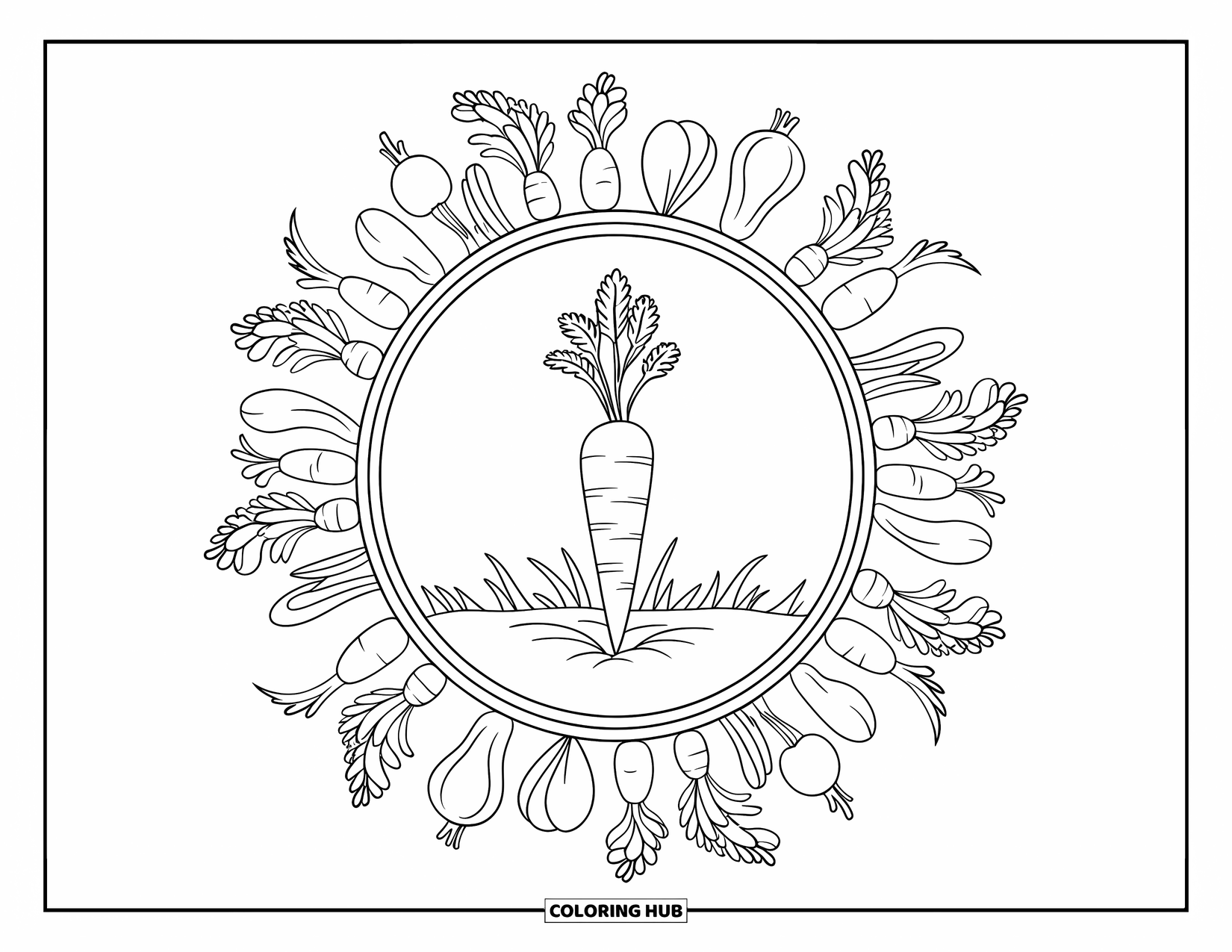 Carrot Coloring Page for Adults: A carrot emerges from a mandala made of detailed garden vegetables