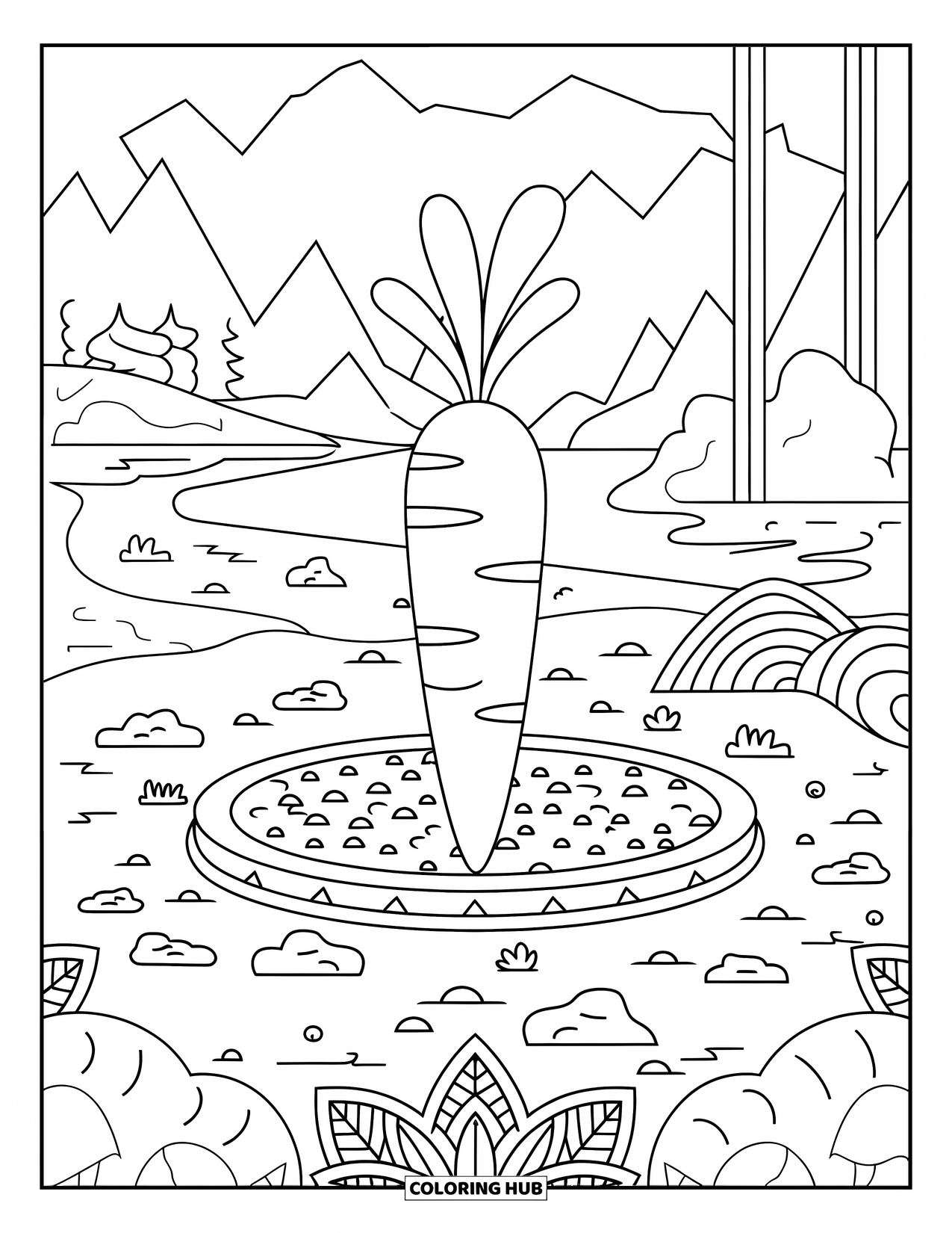 Carrot Coloring Page for Adults: A carrot rests in a zen garden with trees, mountains, and water nearby