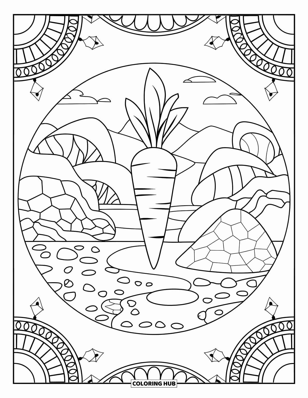 Carrot Coloring Page for Adults: A carrot sits in a zen garden of sand, rocks, and detailed borders