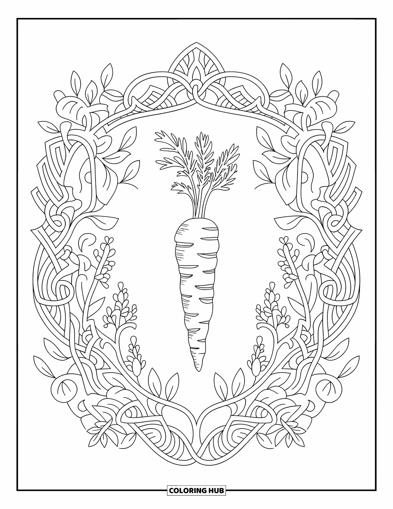 Carrot Coloring Page for Adults: A carrot sits in the center of a leafy, floral filigree border