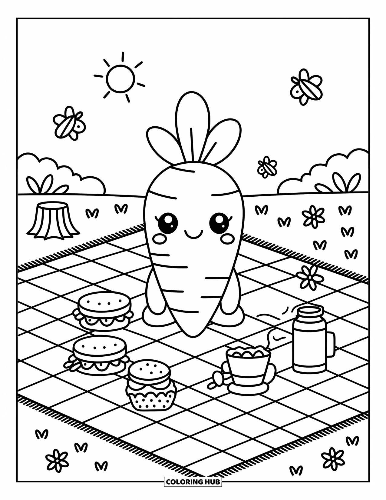 Carrot Coloring Page for Adults: A cheerful carrot has a picnic with snacks and butterflies in a sunny meadow