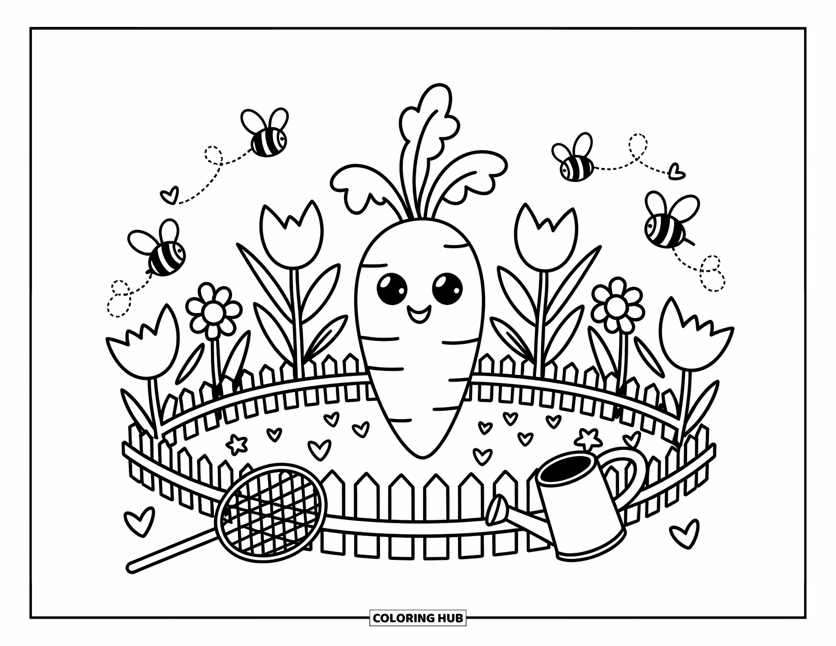 Carrot Coloring Page for Adults: A cute carrot stands in a flower patch with buzzing bees and cozy garden tools