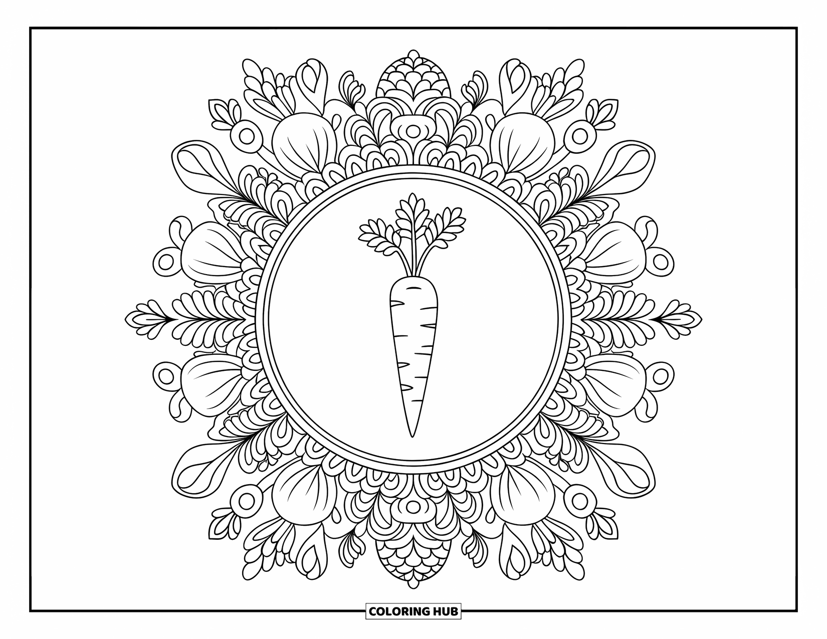 Carrot Coloring Page for Adults: A detailed mandala of vegetables surrounds a carrot in a relaxing design