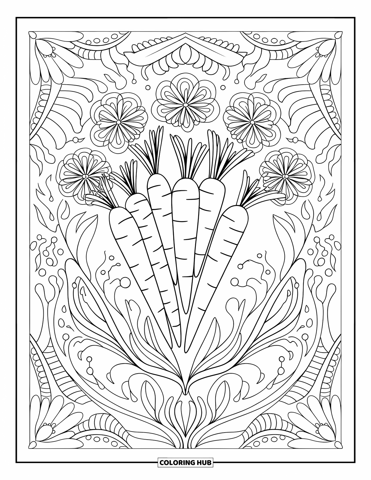 Carrot Coloring Page for Adults: A floral pattern surrounds a cluster of carrots in the center