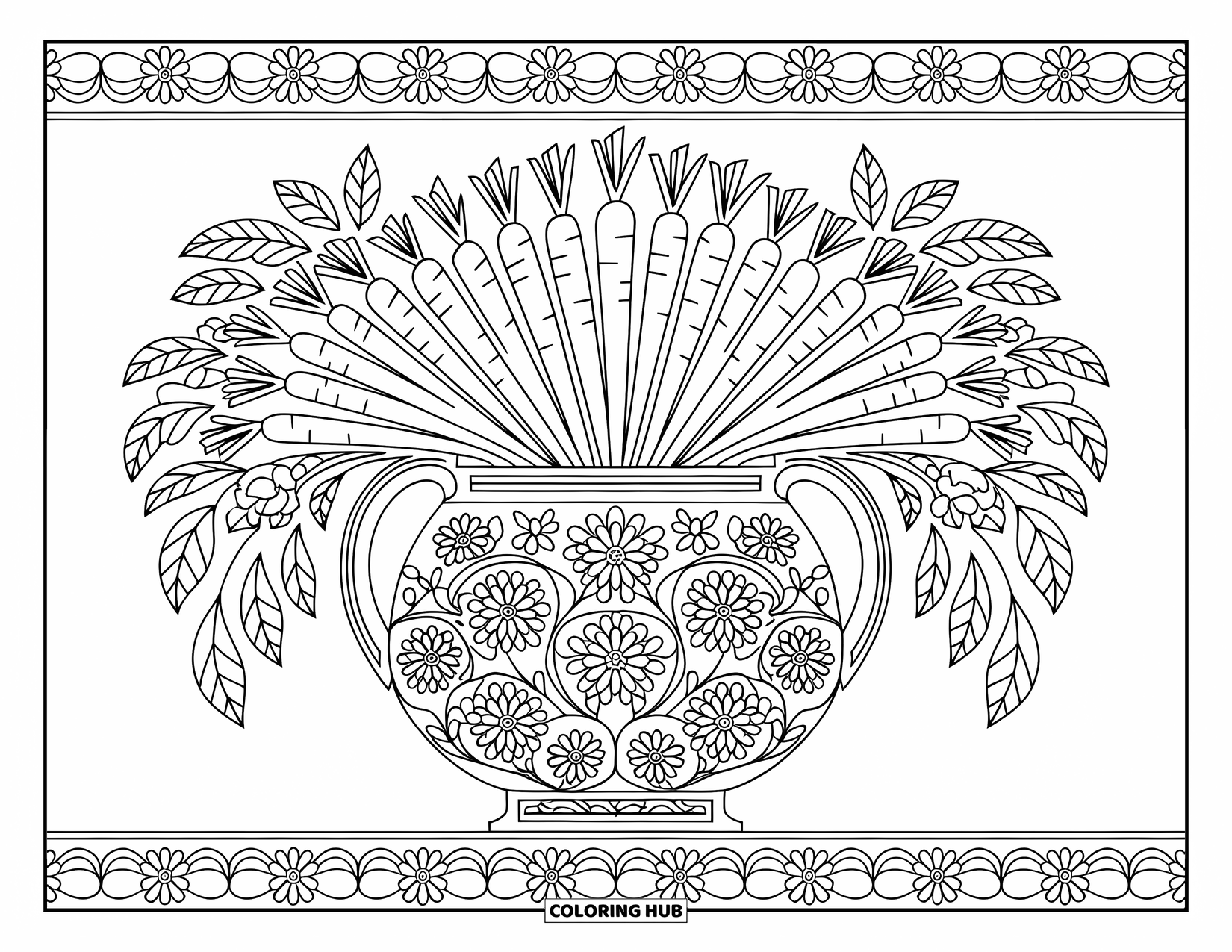 Carrot Coloring Page for Adults: A floral vase holds a carrot bouquet framed by a decorative floral border