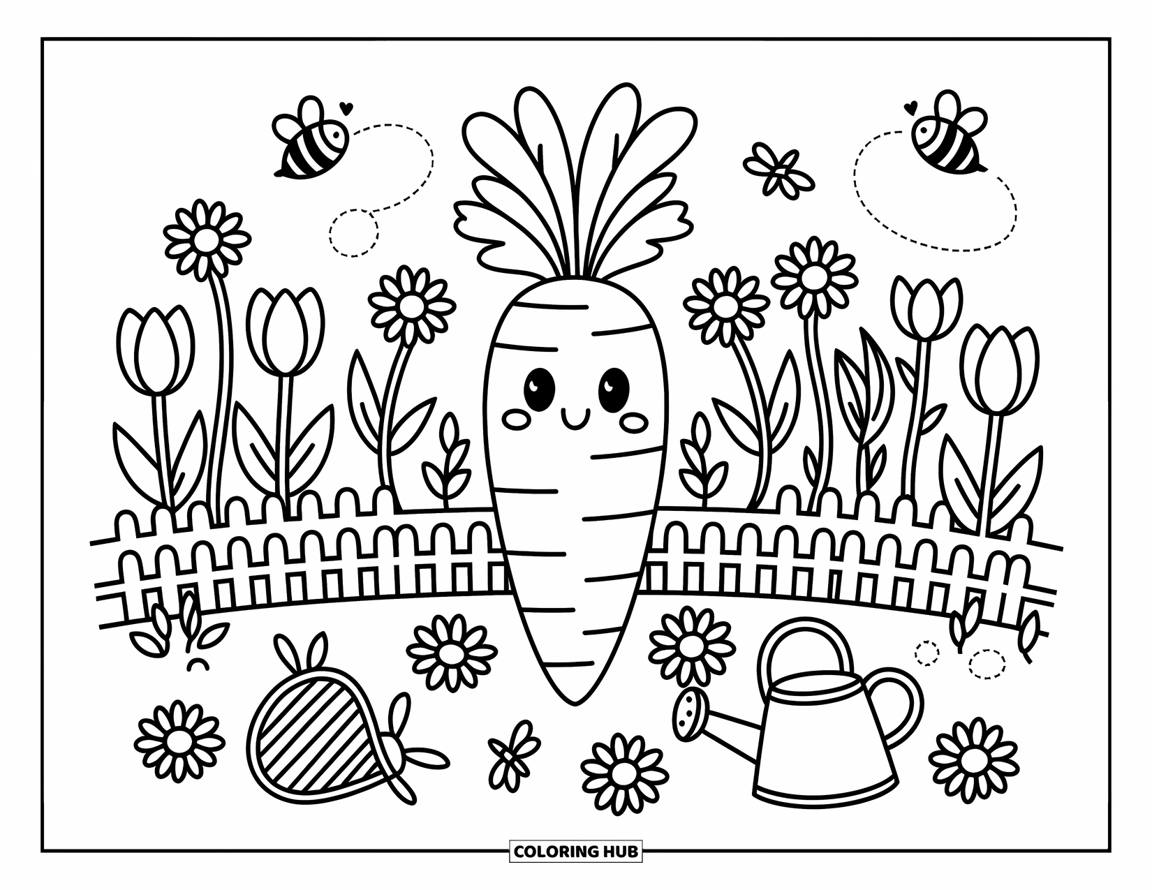 Carrot Coloring Page for Adults: A happy carrot smiles in a garden full of flowers, bees, and a tiny fence
