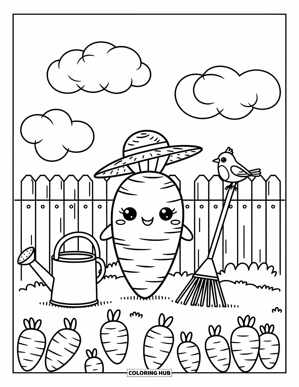 Carrot Coloring Page for Adults: A kawaii carrot with a hat watches over baby carrots and a curious bird