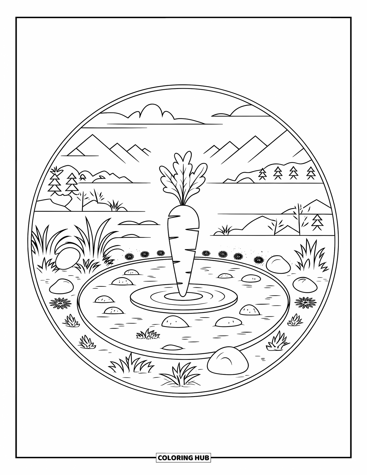 Carrot Coloring Page for Adults: A peaceful landscape surrounds a carrot in a circular zen garden
