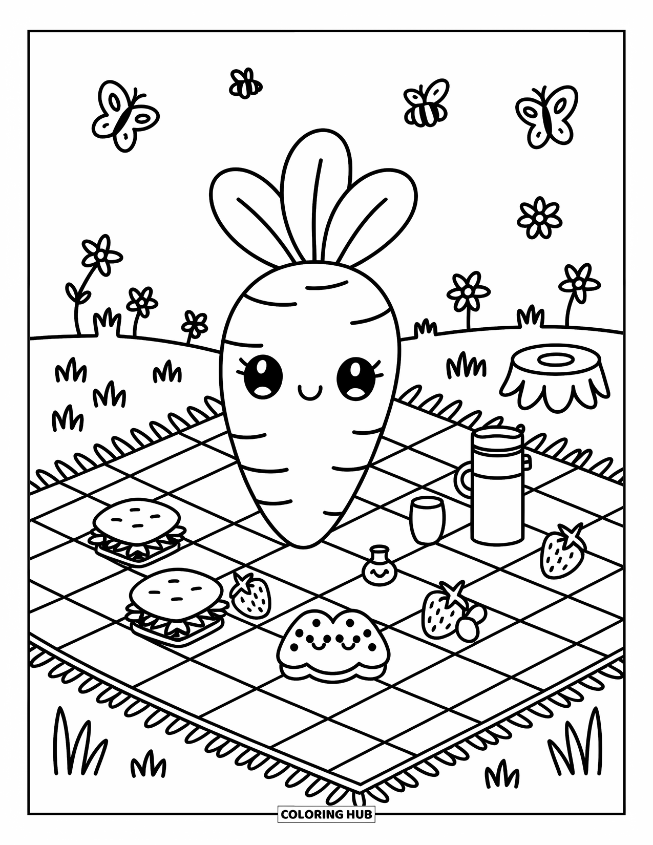 Carrot Coloring Page for Adults: A smiling carrot sits on a picnic blanket with snacks, bees, and butterflies