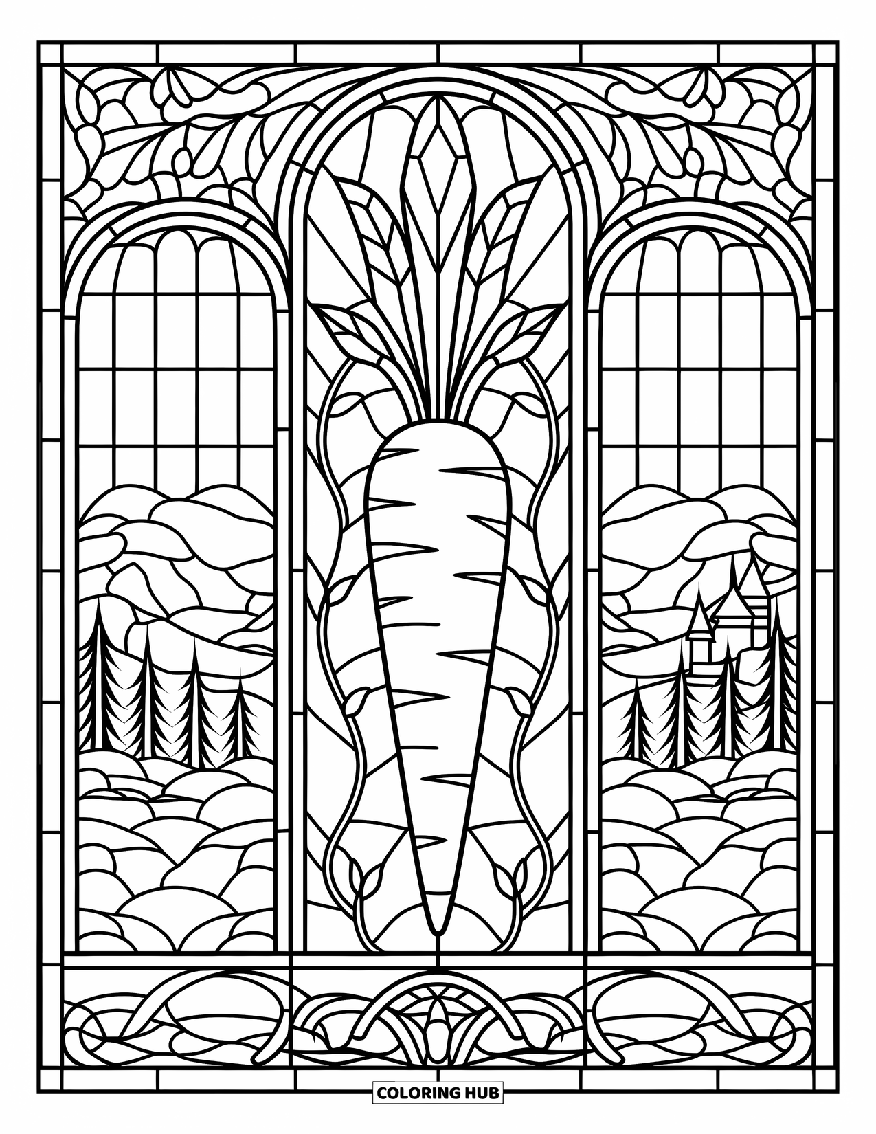 Carrot Coloring Page for Adults: A stained glass window frames a carrot with vines and mountain scenery