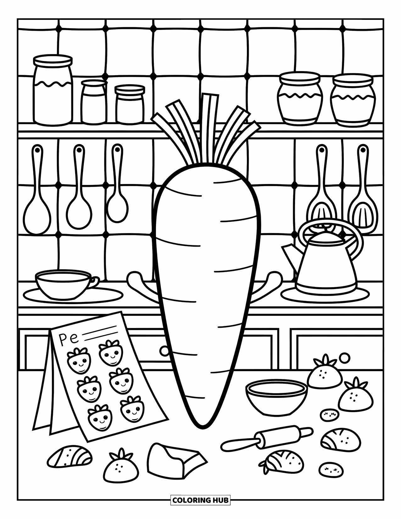 Carrot Coloring Page for Adults: An oversized carrot smiles in a kitchen filled with snacks and baking tools