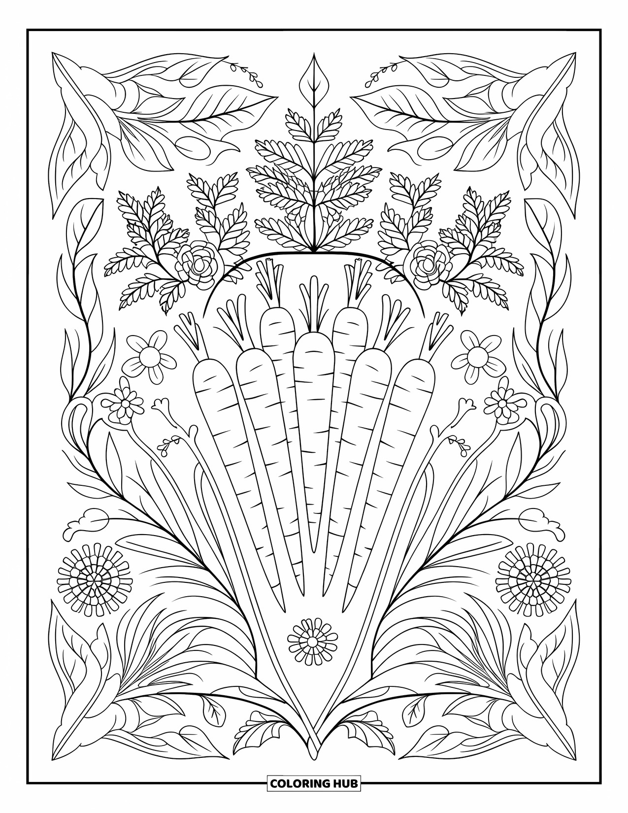 Carrot Coloring Page for Adults: Carrots sit among flowers, leaves, and vines in a detailed pattern