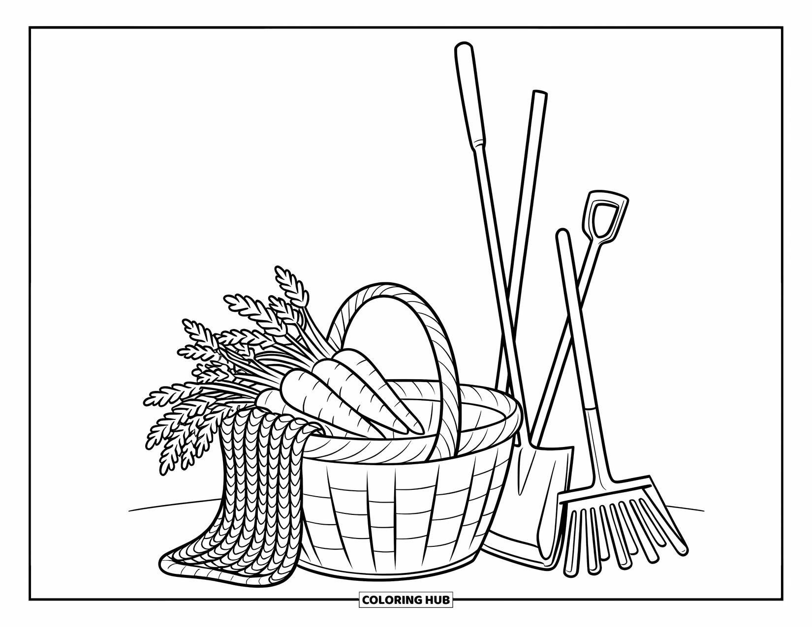 Carrot Coloring Page for Kids: A basket of carrots sits beside farm tools on the ground