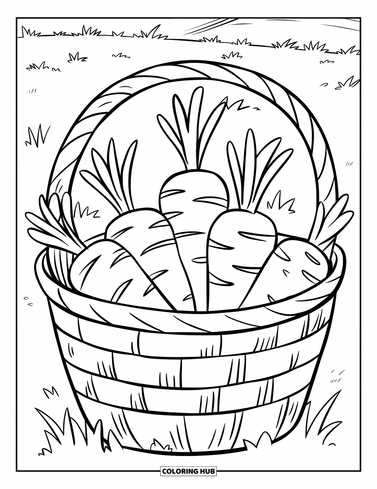Carrot Coloring Page for Kids: A basket with four carrots rests on grassy ground