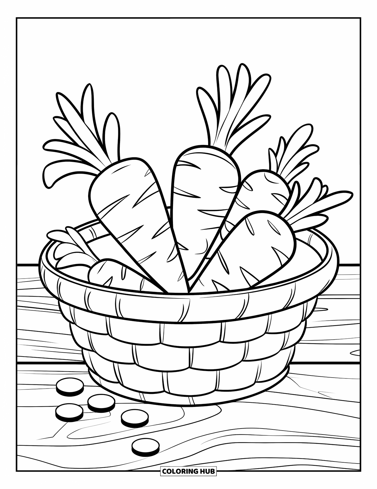 Carrot Coloring Page for Kids: A basket with four carrots sits near small round objects on wood