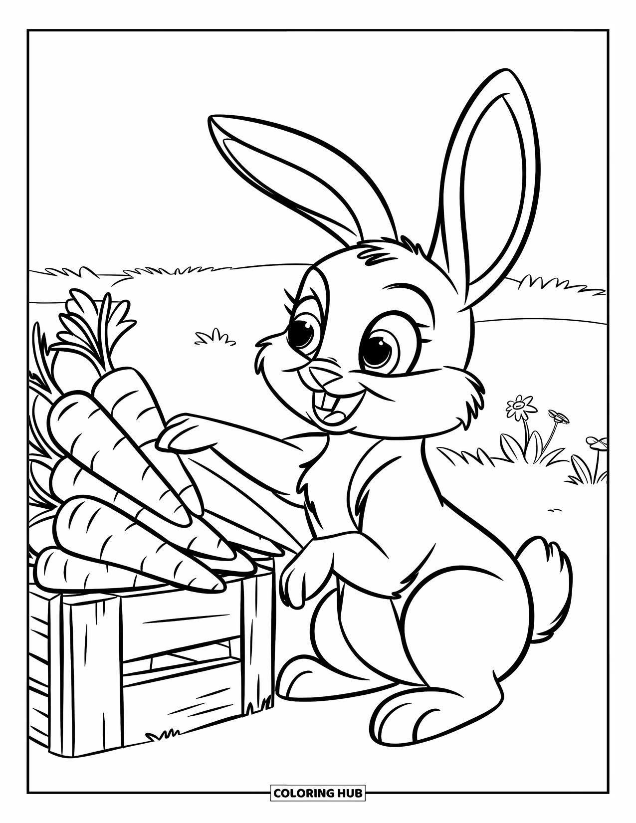 Carrot Coloring Page for Kids: A big-eyed bunny reaches toward carrots on a wooden crate