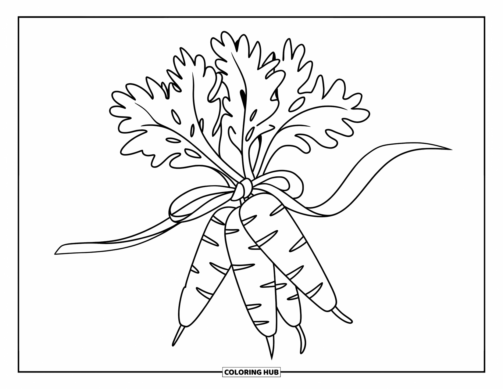 Carrot Coloring Page for Kids: A bunch of Mickey-shaped carrots is tied with a ribbon