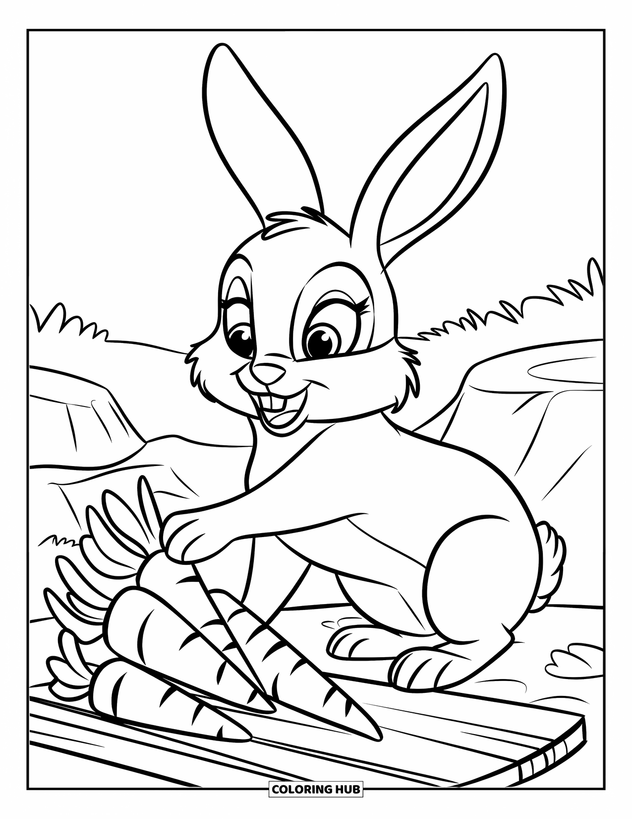Carrot Coloring Page for Kids: A bunny on a rock reaches for stacked carrots in the field